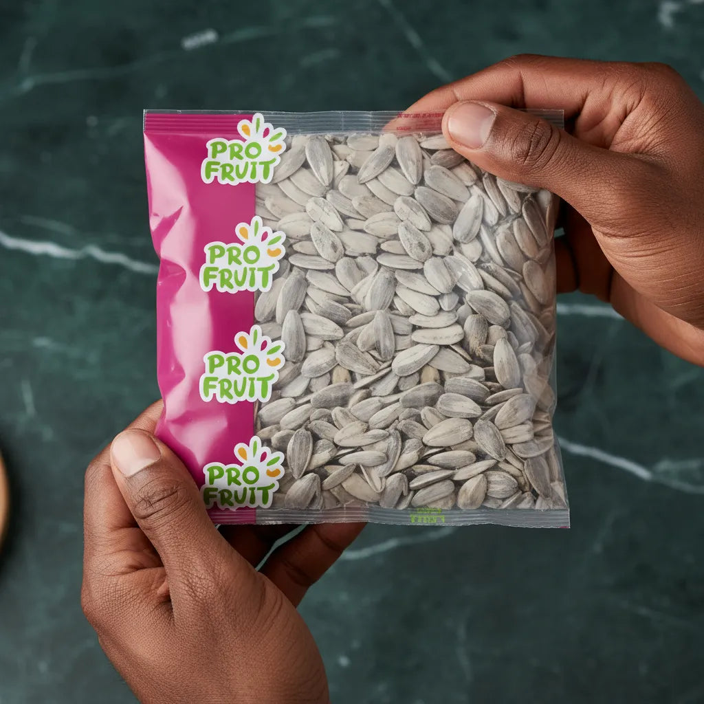 Main tenant un sachet de graines de tournesol grillées PROFRUIT, produit croquant et léger pour collation naturelle.