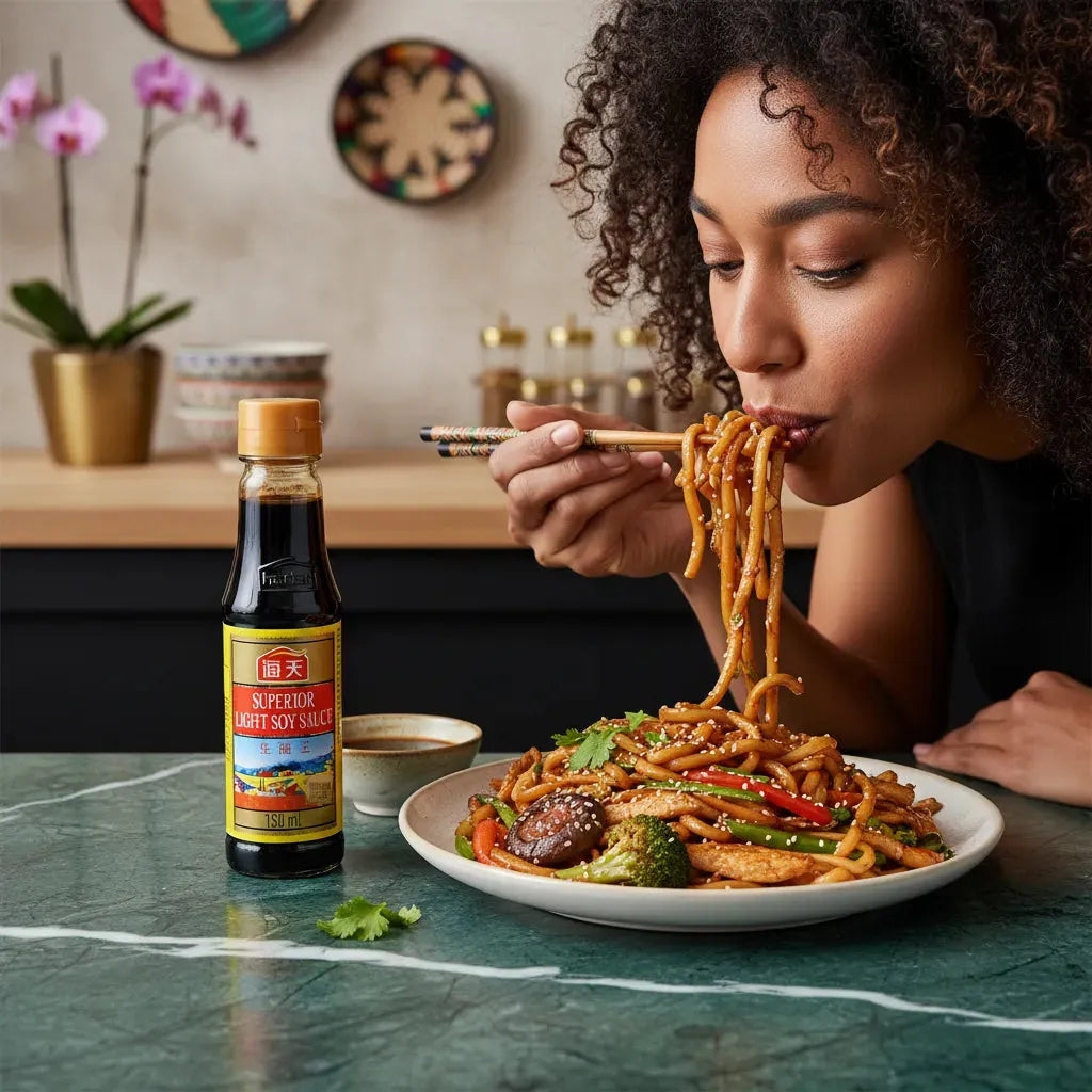 Femme dégustant des nouilles sautées avec sauce soja authentique, condiment asiatique umami idéal pour plats savoureux et équilibrés.