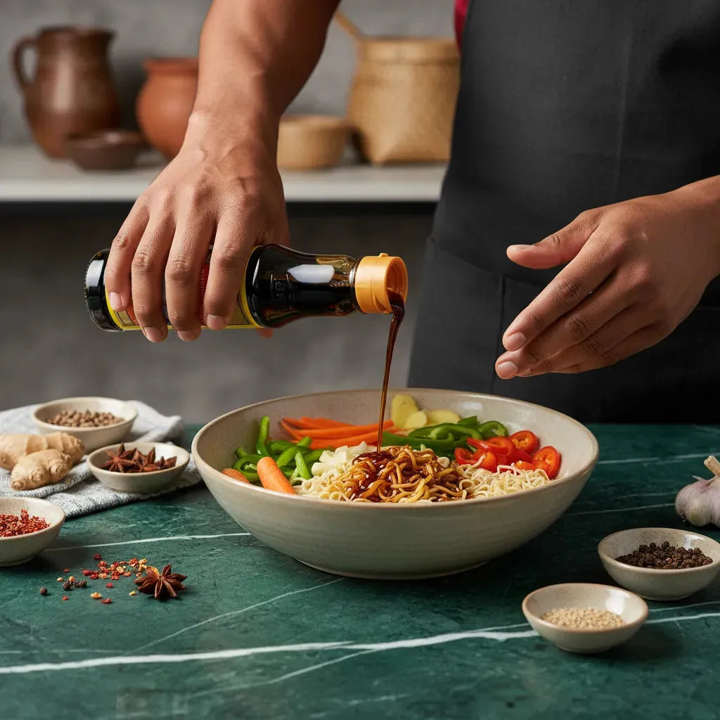 Versement de sauce soja authentique sur un bol de nouilles et légumes, parfait pour enrichir les plats asiatiques avec une saveur umami salée.