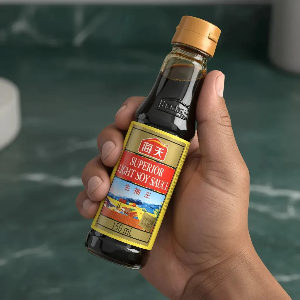 Main tenant une bouteille de sauce soja authentique 150 ml, condiment fermenté asiatique pour cuisine umami dans la catégorie épicerie salée.