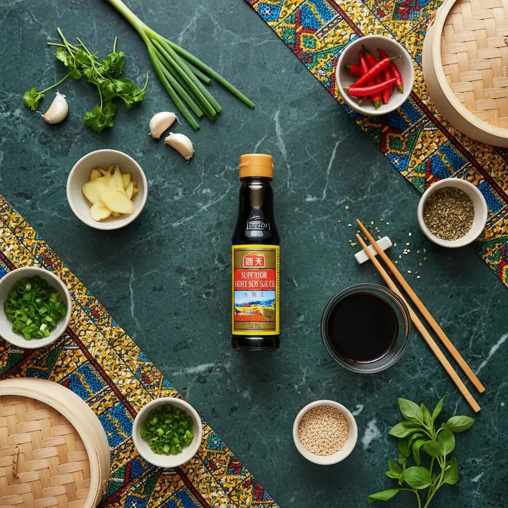 Bouteille de sauce soja authentique entourée d'ingrédients frais asiatiques, parfaite pour recettes salées et cuisine umami fermentée.