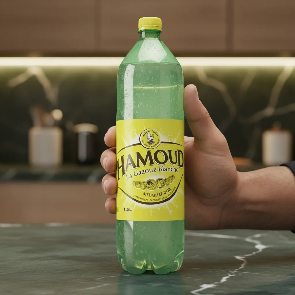 Main tenant une bouteille de limonade HAMOUD 1,5L, boisson gazeuse citronnée idéale pour une pause fraîcheur à tout moment de la journée.