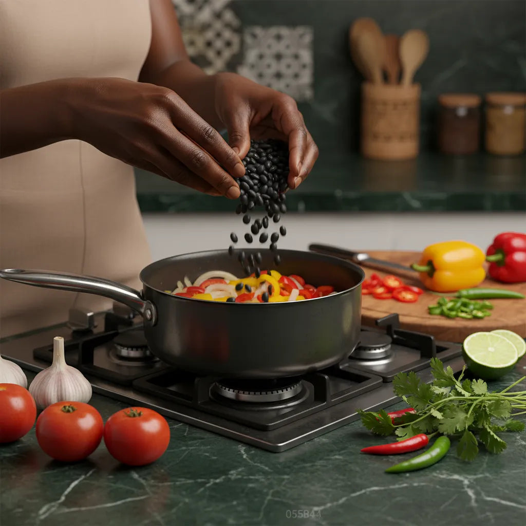 Préparation d’un plat avec haricots noirs coco LEGUMOR versés dans une casserole, parfaits pour une cuisine riche en goût et nutriments.