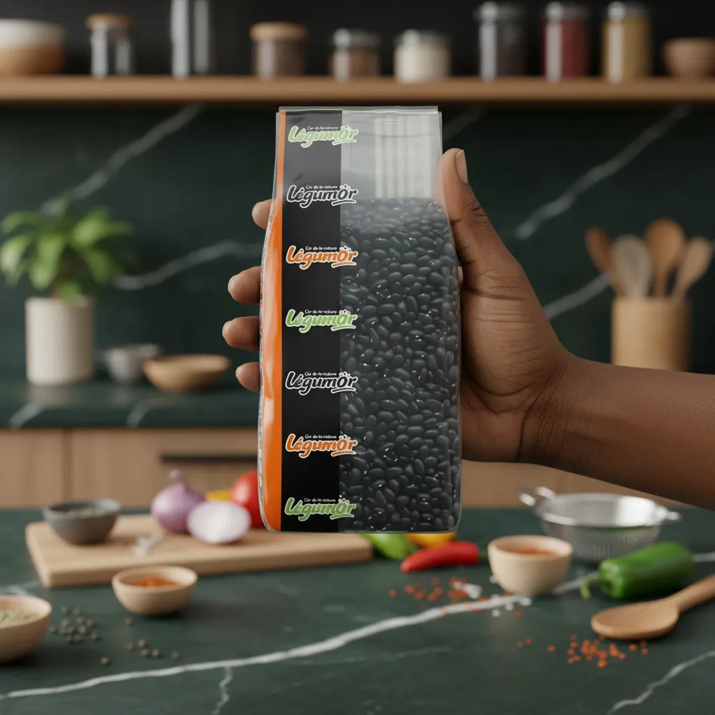 Main tenant un sachet de haricots noirs coco LEGUMOR dans une cuisine moderne, soulignant leur qualité et usage culinaire varié.