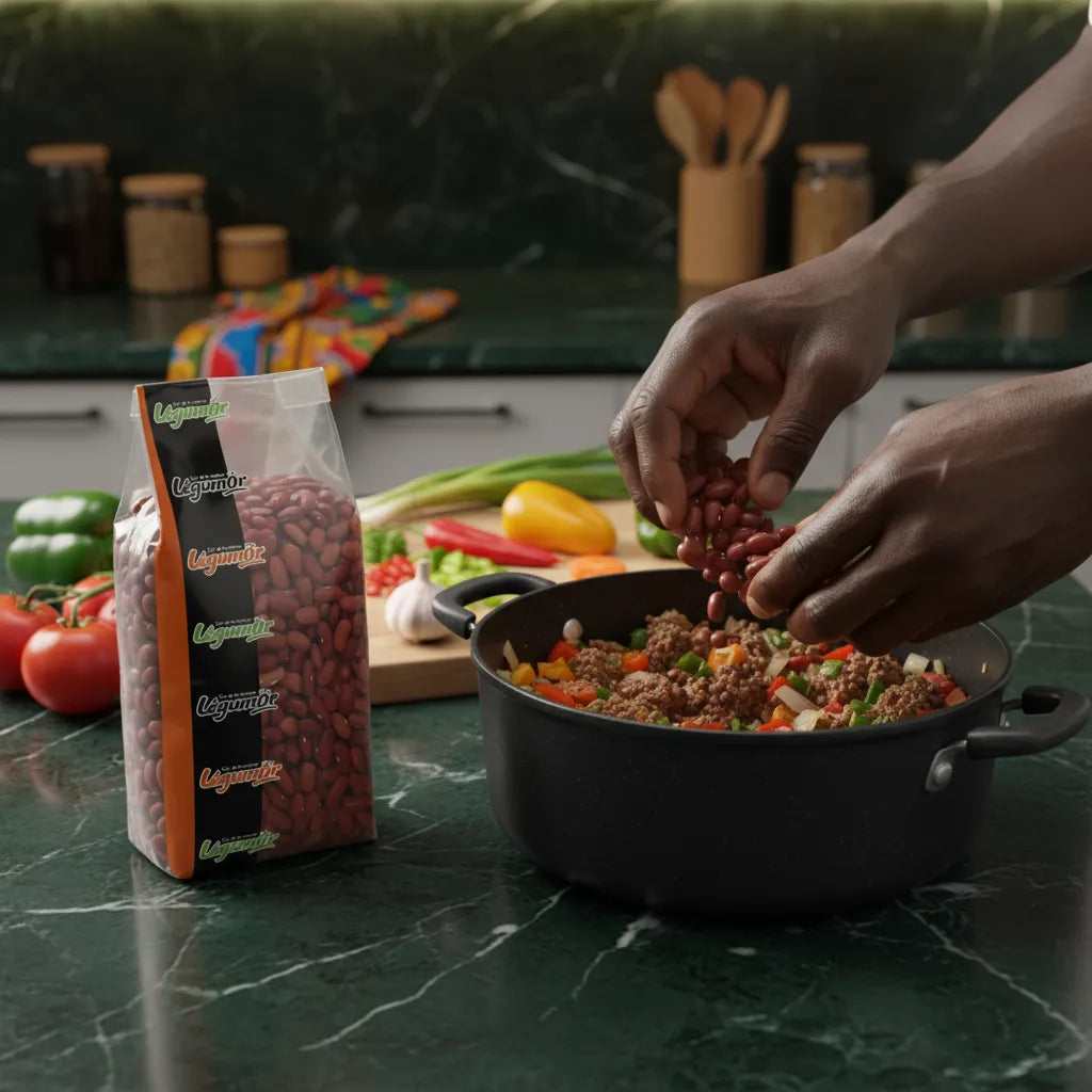 Préparation culinaire avec haricots rouges LEGUMOR ajoutés dans une poêle, ingrédient essentiel pour recettes végétariennes et protéinées.