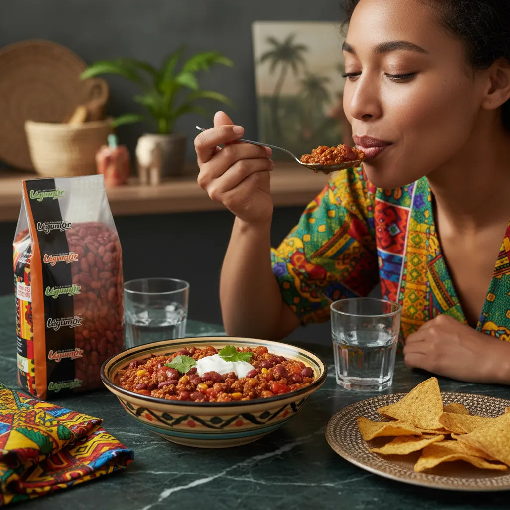 Femme dégustant un chili maison préparé avec des haricots rouges secs LEGUMOR, source de protéines végétales, sur une table conviviale.