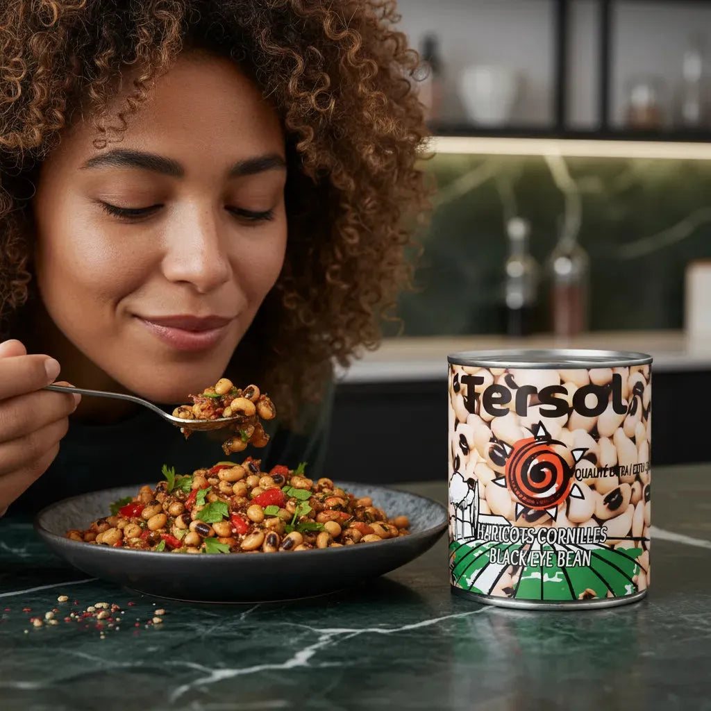 Femme dégustant un plat cuisiné aux haricots cornilles TERSOL, illustrant leur texture tendre et usage culinaire varié.