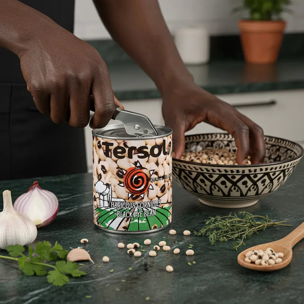 Ouverture d'une boîte de haricots cornilles TERSOL sur plan de travail avec ingrédients frais, parfait pour cuisine maison.