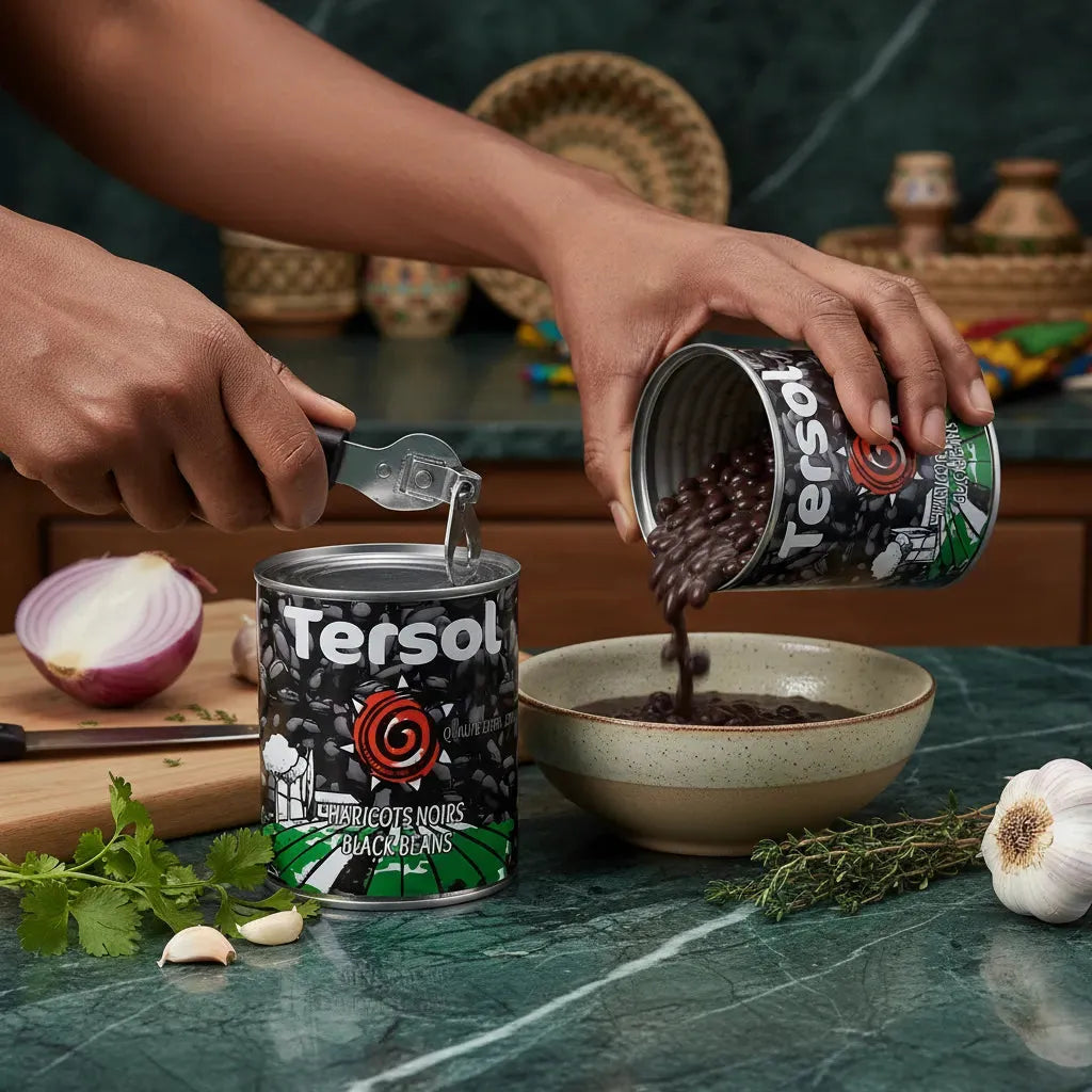 Versement de haricots noirs TERSOL dans un bol, parfaits pour enrichir vos repas avec une source naturelle de protéines et fibres.