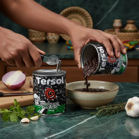 Versement de haricots noirs TERSOL dans un bol, parfaits pour enrichir vos repas avec une source naturelle de protéines et fibres.