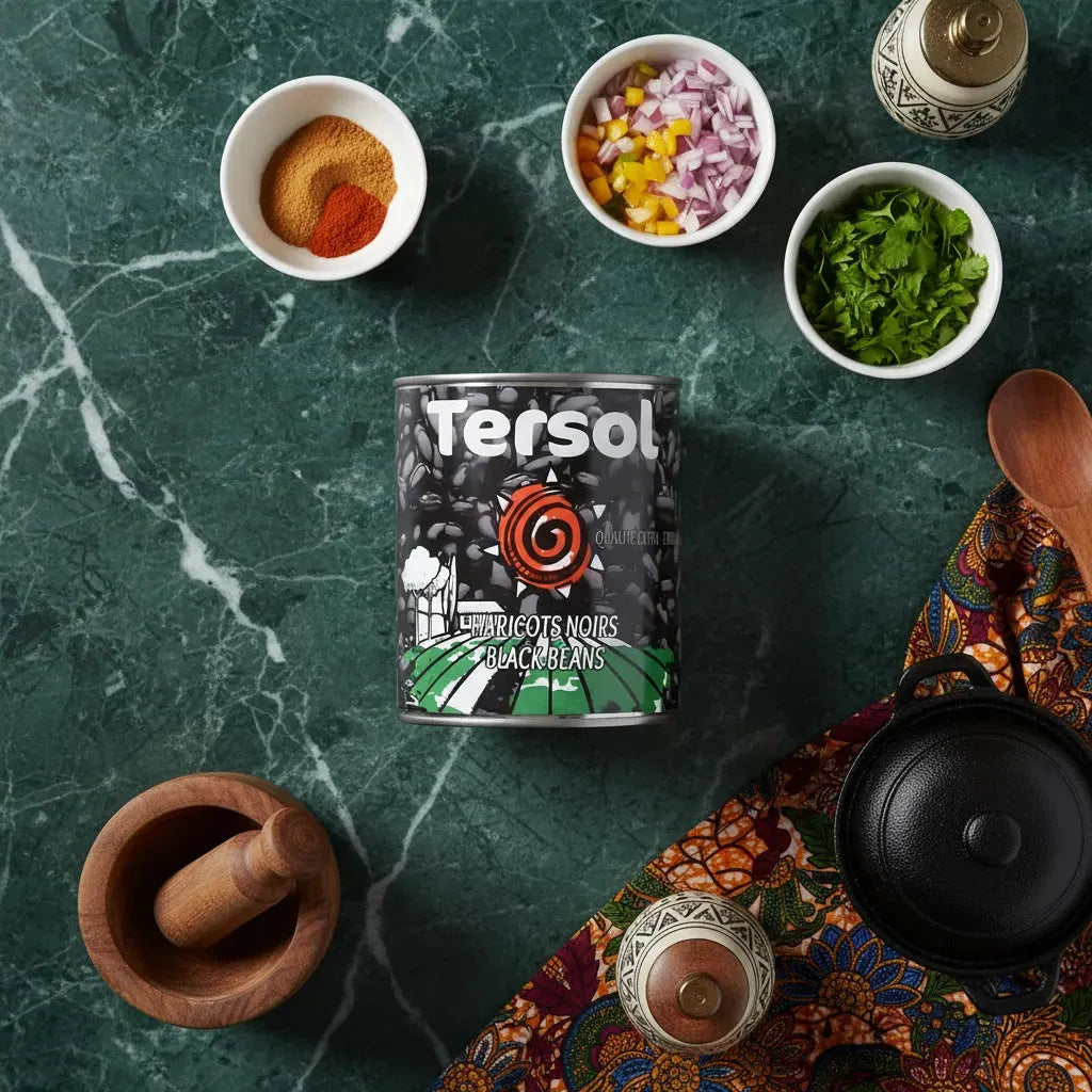 Haricots noirs TERSOL entourés d'ingrédients frais, parfaits pour des recettes savoureuses et équilibrées en épicerie salée.