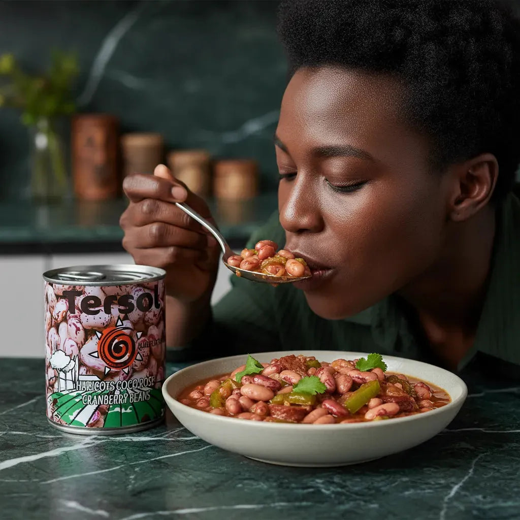 Femme dégustant un plat cuisiné avec haricots cocos roses TERSOL, mettant en valeur leur goût sucré et texture tendre.
