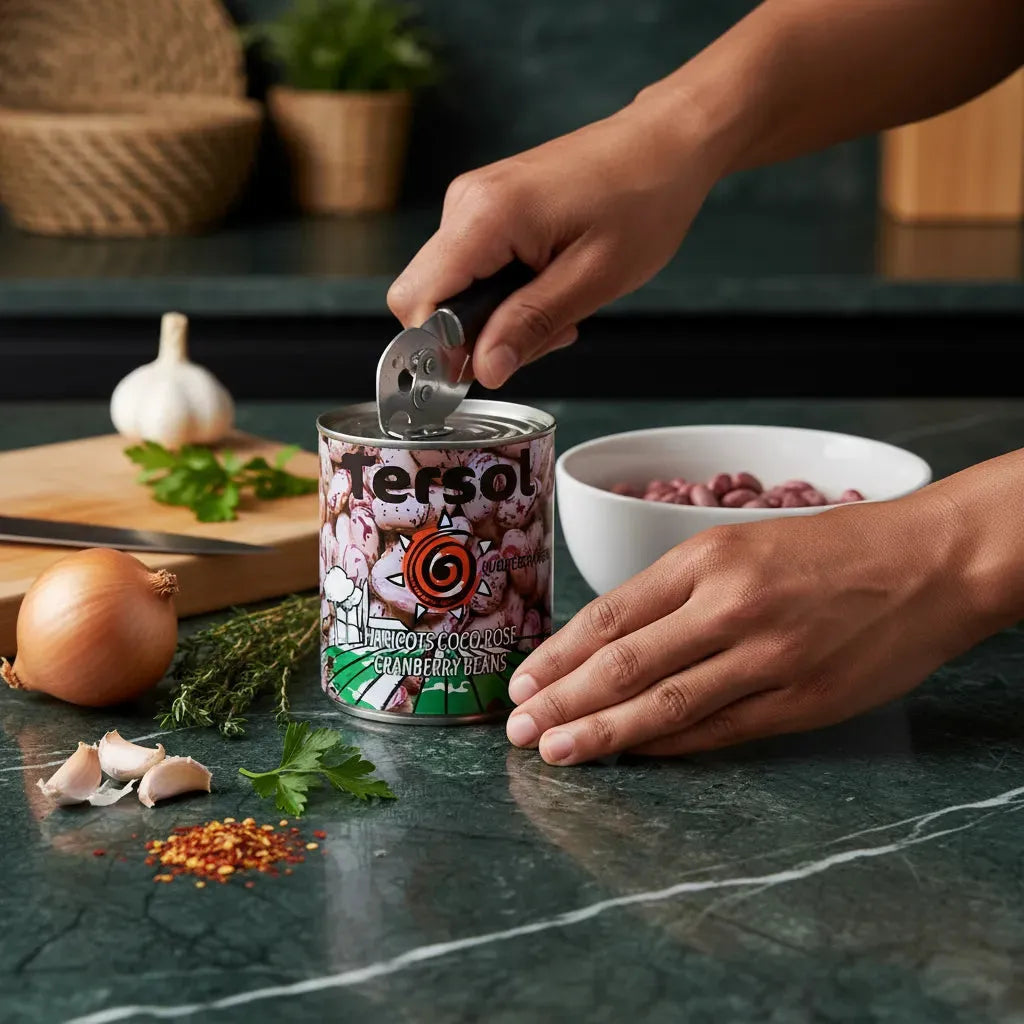 Ouverture d'une boîte de haricots cocos roses TERSOL sur plan de travail, idéale pour cuisine saine et recettes maison savoureuses.