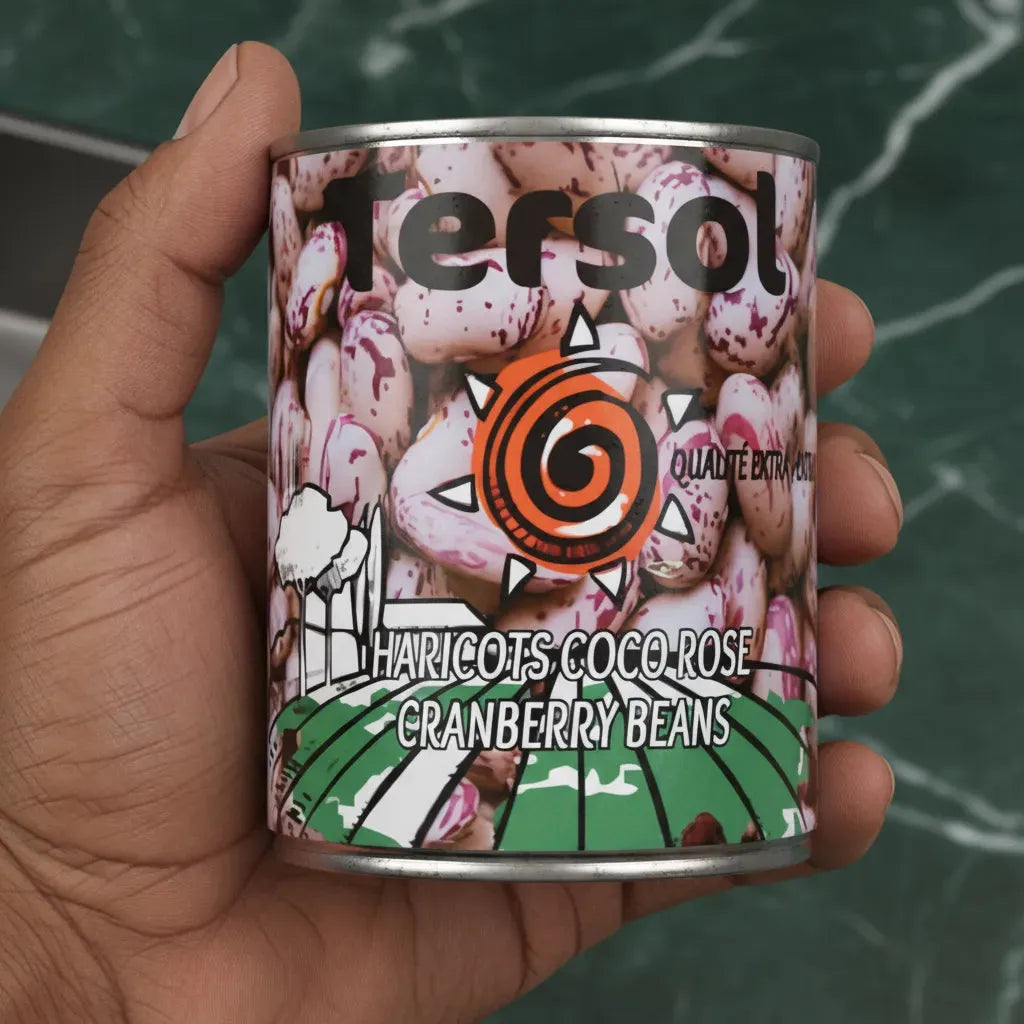 Main tenant une boîte de haricots cocos roses TERSOL - Épicerie salée, produit naturel prêt à l'emploi pour plats équilibrés.