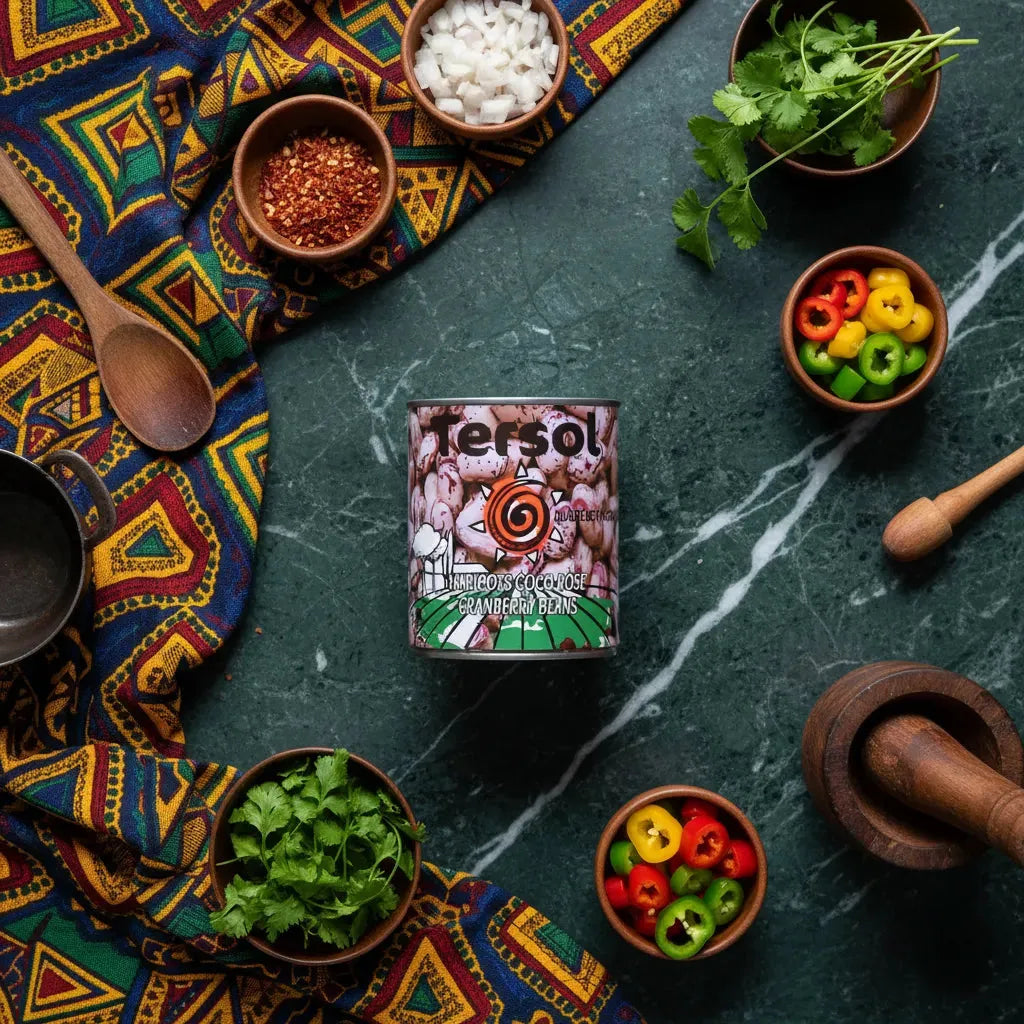 Boîte de haricots cocos roses TERSOL entourée d'ingrédients frais, parfaite pour recettes traditionnelles et nutrition durable.