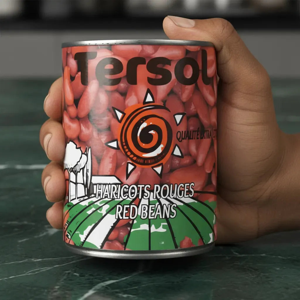 Main tenant une boîte de Haricots Rouges TERSOL - Riches en Saveurs et Textures, produit d'épicerie salée prêt à l'emploi.