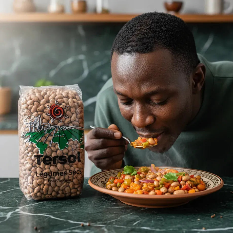 Plat cuisiné aux haricots coco rose TERSOL dégusté à table, parfait pour des repas nourrissants et riches en fibres.