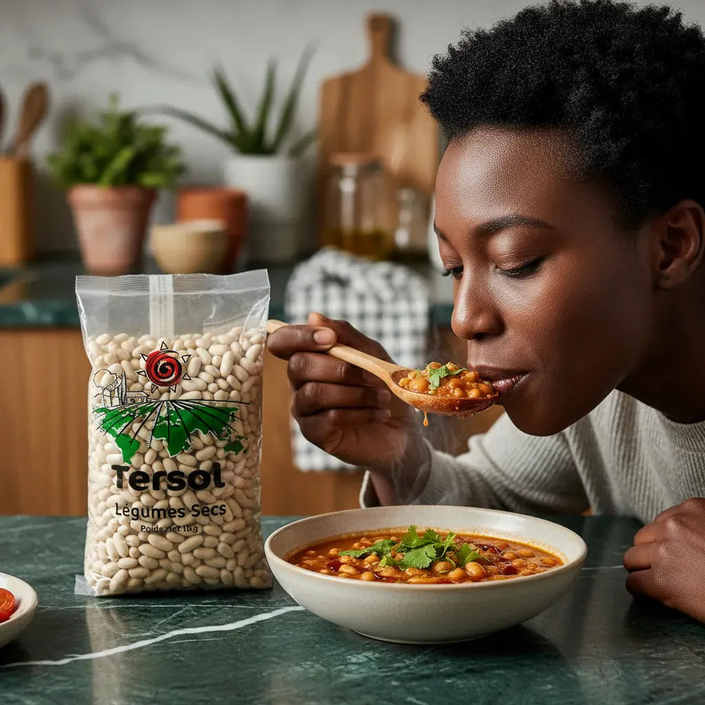 Femme dégustant une soupe aux haricots lingots blancs TERSOL, produit sain et savoureux pour cuisine équilibrée.