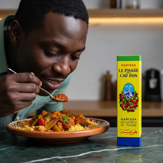 Harissa en Tube Phare du Cap Bon - Pâte de Piment Savoureuse dégustée avec un couscous. Condiment intense pour plats traditionnels tunisiens.