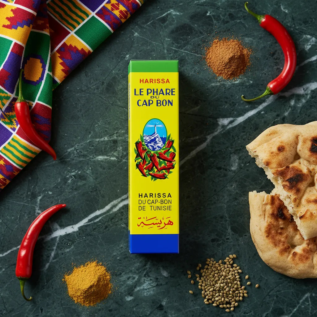 Harissa en Tube Phare du Cap Bon - Pâte de Piment Savoureuse posée sur une table avec pain, épices et piments. Idéal pour cuisine orientale et méditerranéenne.