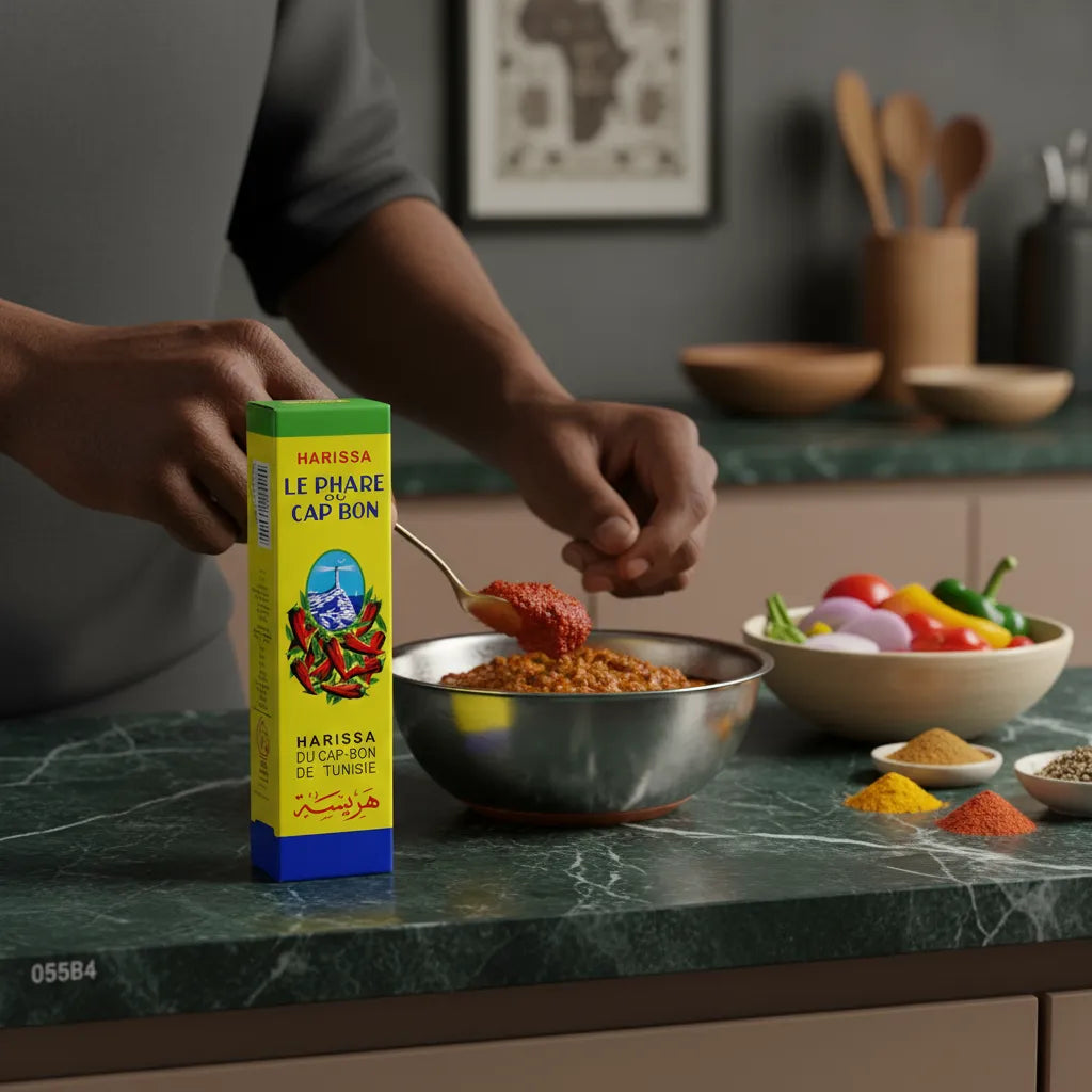 Harissa en Tube Phare du Cap Bon - Pâte de Piment Savoureuse utilisée pour assaisonner un plat dans une cuisine moderne. Condiment épicé pour recettes authentiques.