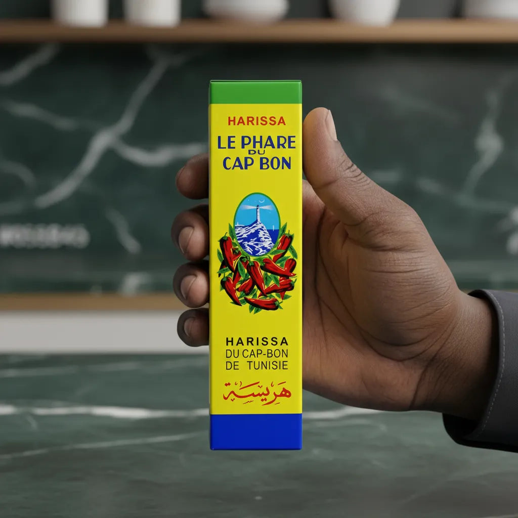 Harissa en Tube Phare du Cap Bon - Pâte de Piment Savoureuse tenue à la main. Tube pratique pour une utilisation facile en cuisine.