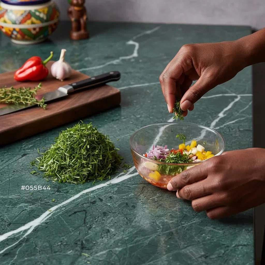 Foumbois / Eru - Légume-feuille nutrition d’Afrique centrale utilisé dans une préparation culinaire avec légumes frais et herbes.