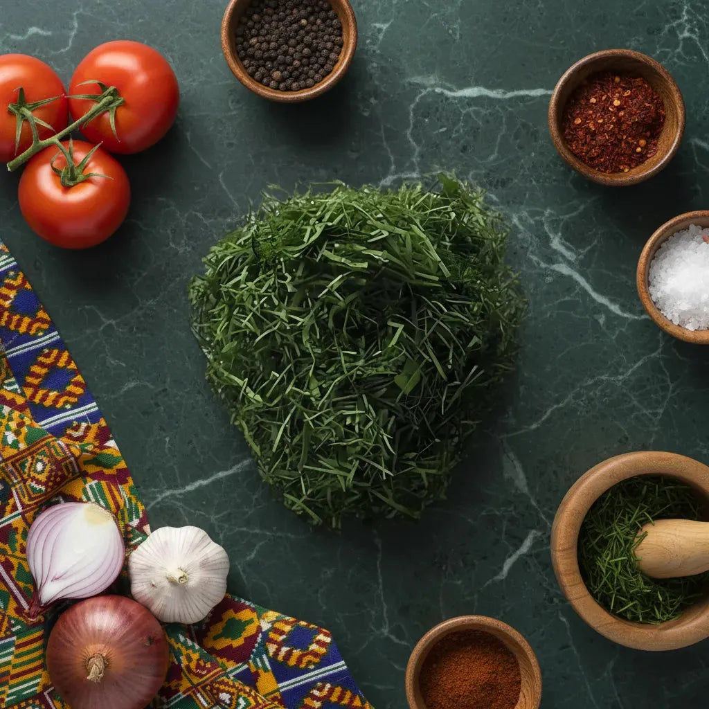 Foumbois / Eru - Légume-feuille nutrition d’Afrique centrale entouré d’ingrédients traditionnels africains sur table en marbre vert.