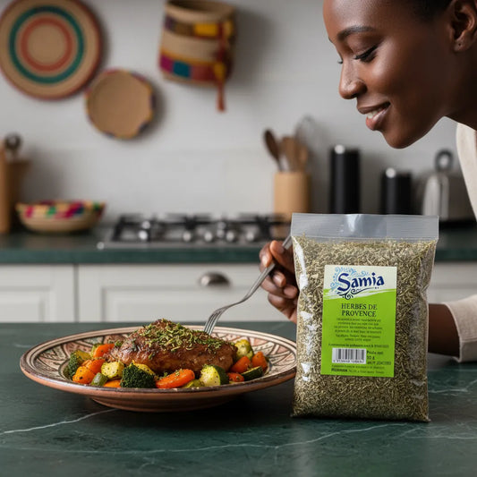 Herbes de Provence SAMIA à côté d’un plat cuisiné aux légumes et viande, parfait pour une touche provençale authentique.