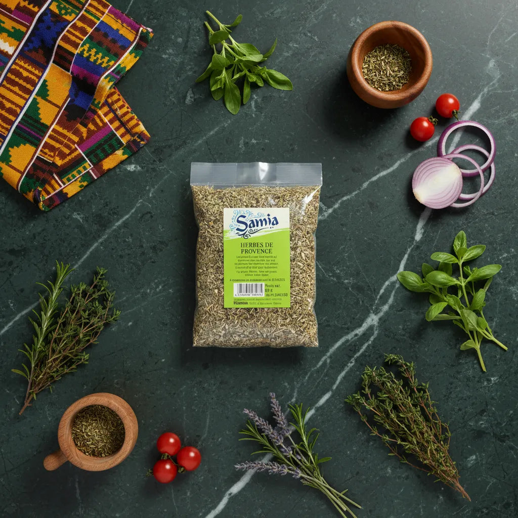 Herbes de Provence SAMIA entourées d’ingrédients frais comme thym, romarin et tomates, pour cuisine méditerranéenne savoureuse.