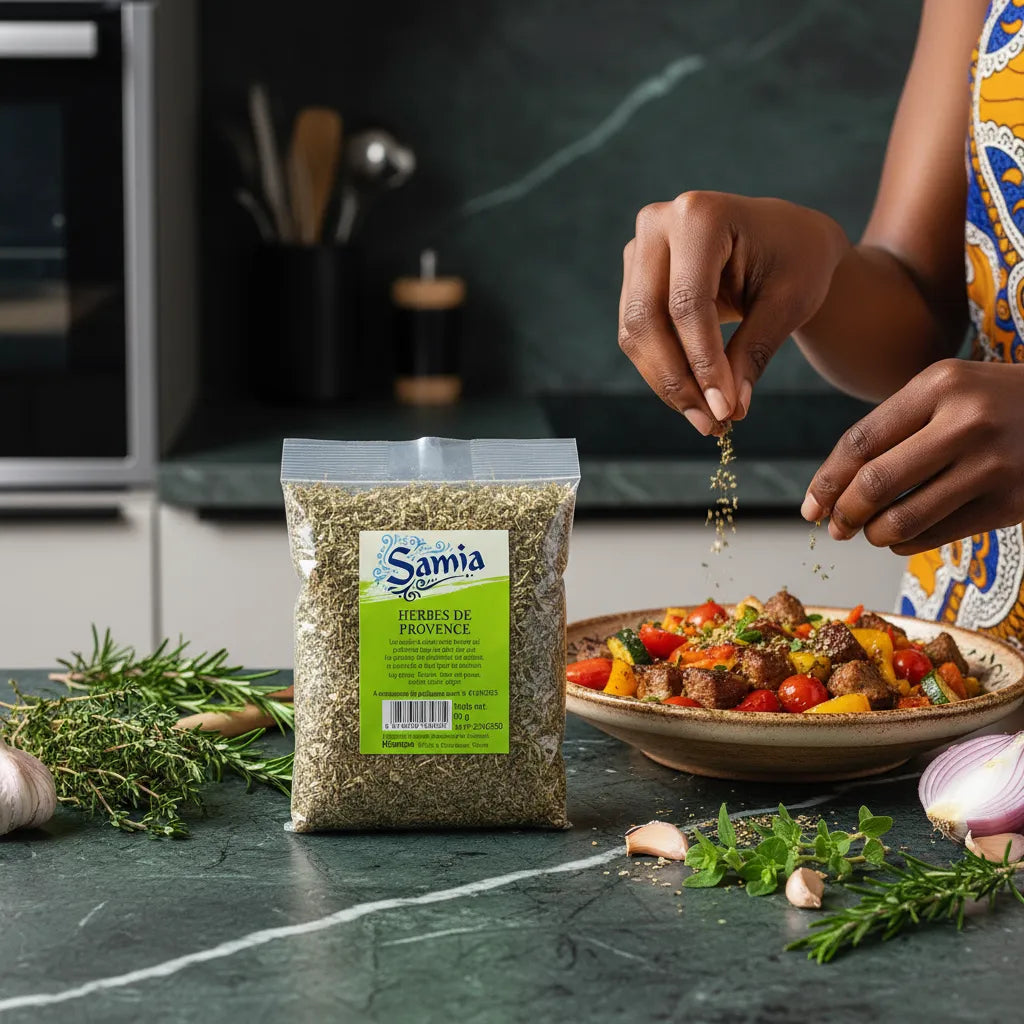 Herbes de Provence SAMIA utilisées pour assaisonner un plat de légumes et viande, idéal pour cuisine méditerranéenne maison.