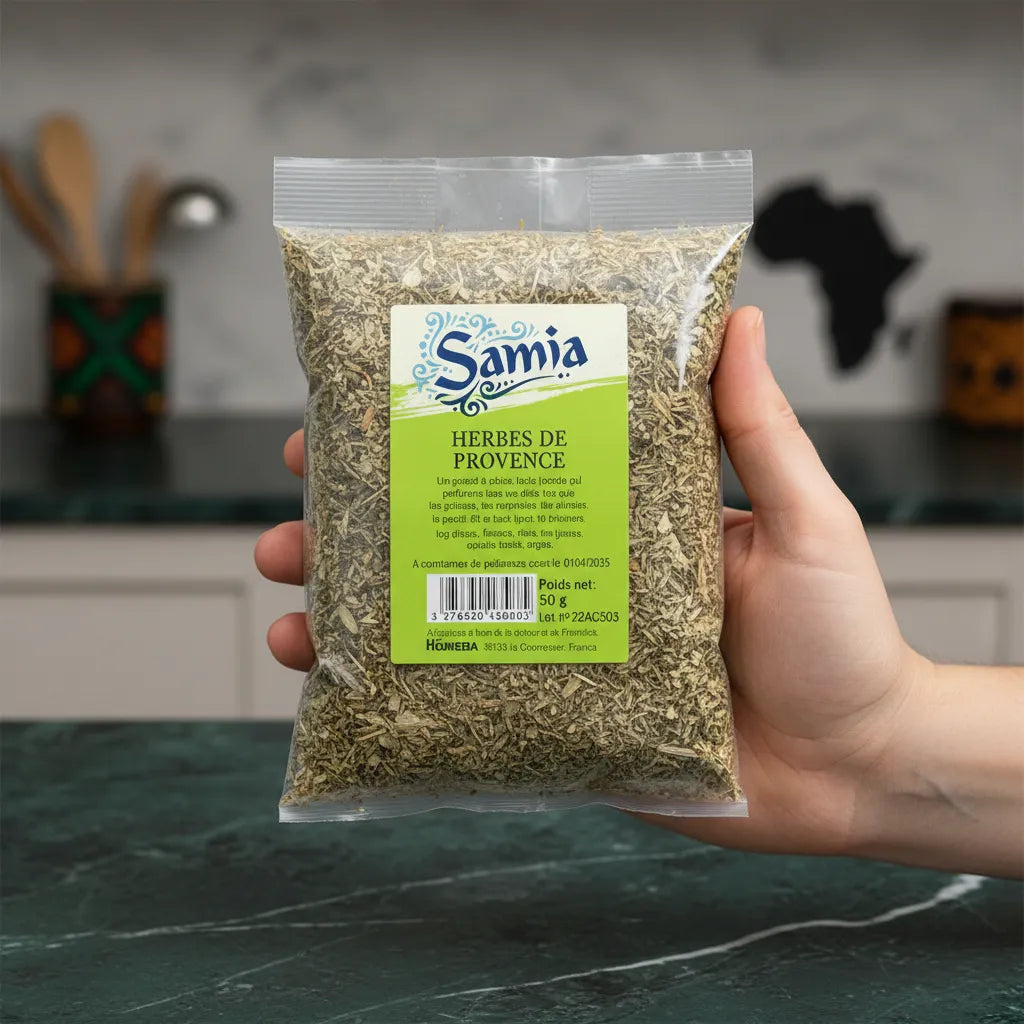 Sachet de 50g d'Herbes de Provence SAMIA tenu à la main, mélange d'herbes séchées pour rehausser sauces, viandes et légumes.