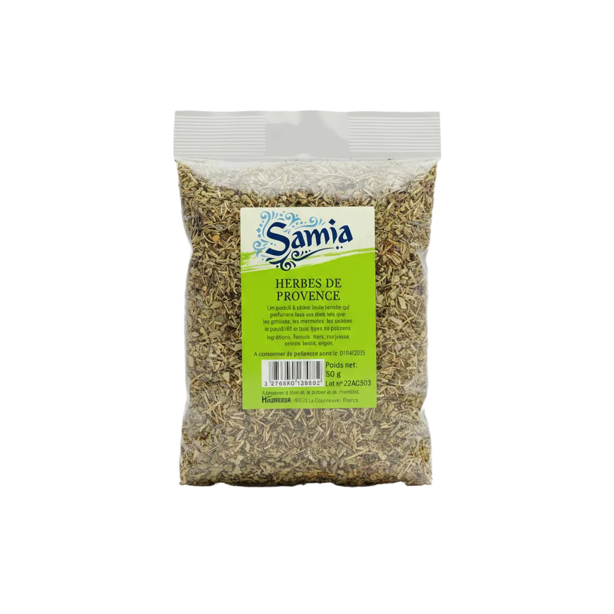 Herbes de Provence SAMIA - Mélange d'herbes authentiques en sachet de 50g, parfait pour assaisonner plats méditerranéens et grillades.