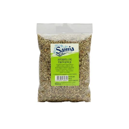 Herbes de Provence SAMIA - Mélange d'herbes authentiques en sachet de 50g, parfait pour assaisonner plats méditerranéens et grillades.