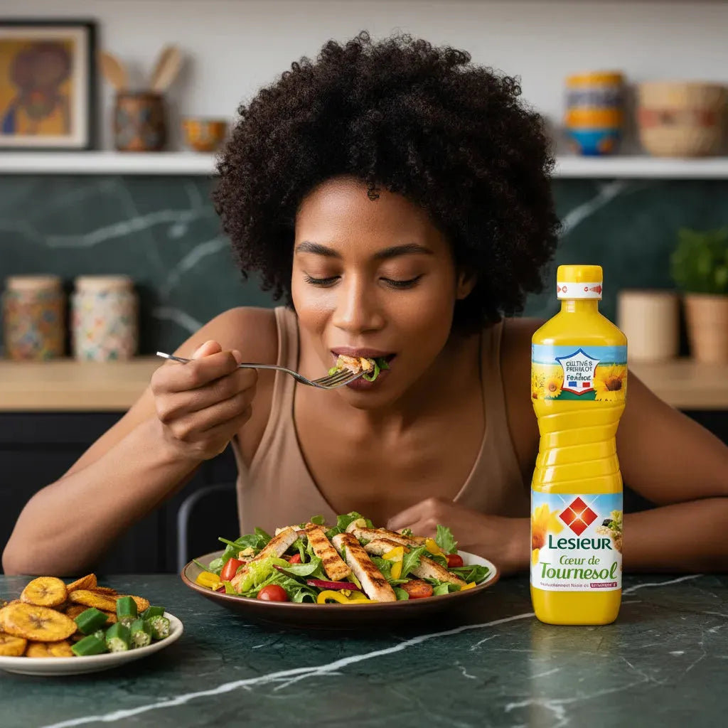 Femme dégustant un plat sain accompagné d'huile de tournesol Lesieur - Huile Tournesol Cuisine, idéale pour assaisonnement. Épicerie salée.