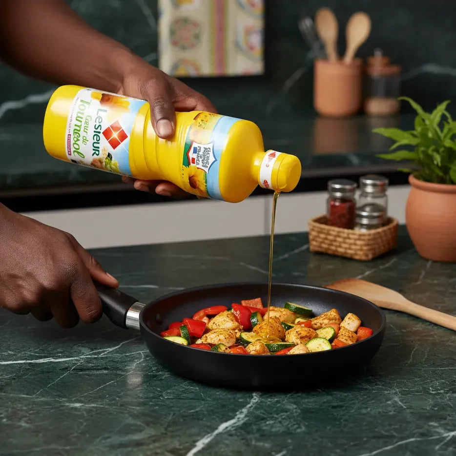 Huile de tournesol Lesieur versée dans une poêle avec légumes sautés, parfaite pour friture et cuisson saine. Catégorie épicerie salée.