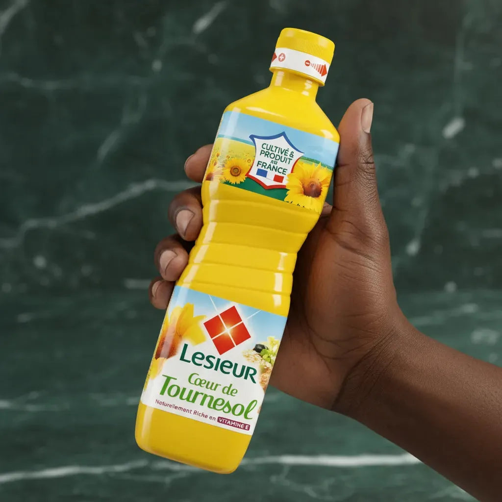 Main tenant une bouteille d'huile de tournesol Lesieur - Huile Tournesol Cuisine, issue de tournesols cultivés en France. Épicerie salée.