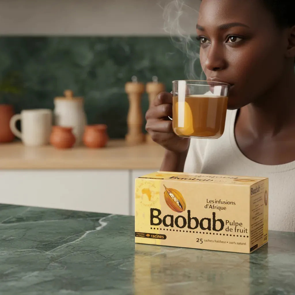 Femme dégustant une infusion Baobab Racines, mettant en avant les bienfaits antioxydants et la richesse gustative du produit naturel.