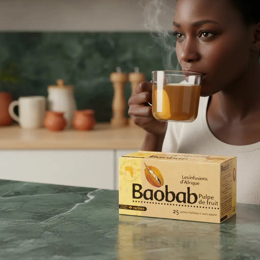 Femme dégustant une infusion Baobab Racines, mettant en avant les bienfaits antioxydants et la richesse gustative du produit naturel.