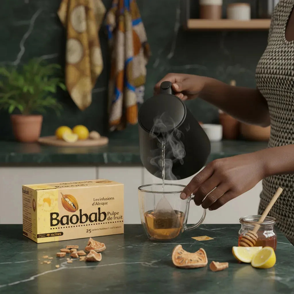 Préparation d'une infusion Baobab Racines avec eau chaude, citron et miel, illustrant une boisson saine aux saveurs africaines authentiques.