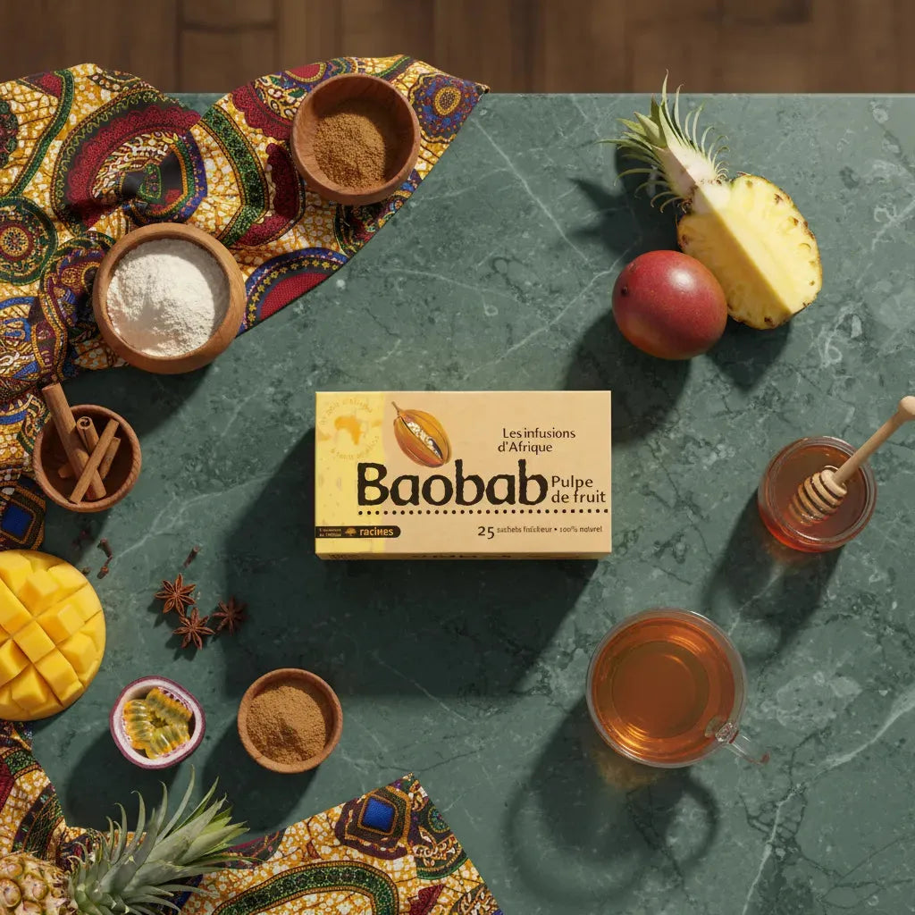 Infusion Baobab Racines posée sur une table avec fruits exotiques et épices, illustrant ses saveurs naturelles et bienfaits revitalisants.