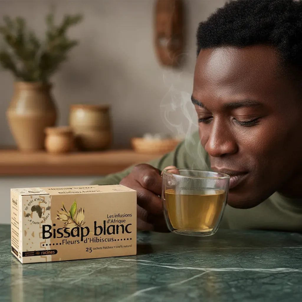 Homme dégustant une tasse d'infusion bissap blanc RACINES, boisson chaude aux fleurs d'hibiscus aux bienfaits naturels et relaxants.