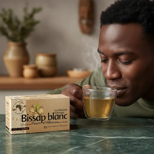 Homme dégustant une tasse d'infusion bissap blanc RACINES, boisson chaude aux fleurs d'hibiscus aux bienfaits naturels et relaxants.