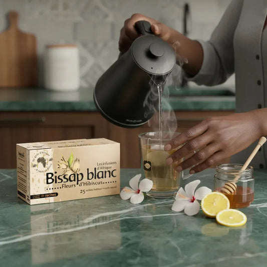 Préparation d'une infusion bissap blanc RACINES avec eau chaude, miel et citron, boisson bien-être aux fleurs d'hibiscus africaines.