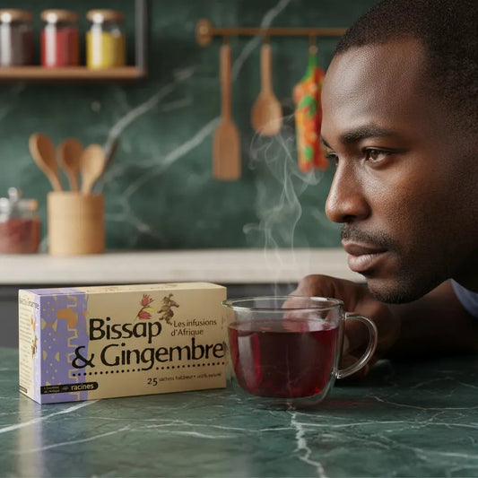 Homme appréciant l'arôme d'une tasse d'infusion Afrique gingembre bissap RACINES, posée à côté de la boîte sur une table de cuisine.