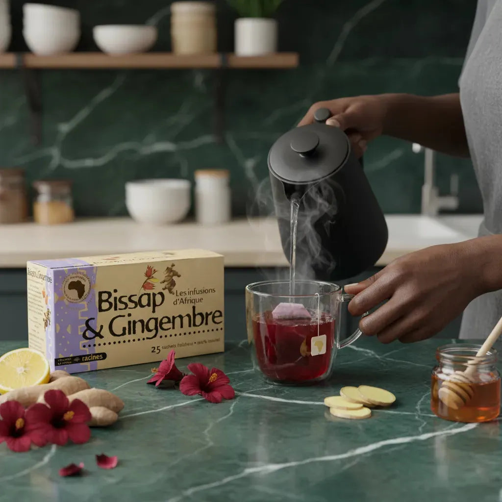 Préparation d'une tasse d'infusion Afrique gingembre bissap RACINES avec eau chaude, gingembre frais, hibiscus et miel sur plan de travail.