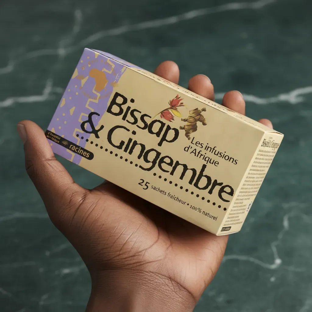 Main tenant une boîte d'infusion Afrique gingembre bissap RACINES, 25 sachets fraîcheur, produit naturel et aromatique africain.