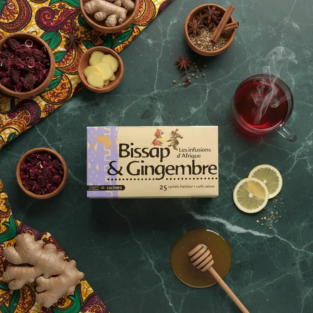 Infusion Afrique gingembre bissap RACINES entourée d'ingrédients naturels comme gingembre, hibiscus, citron et miel sur table verte.