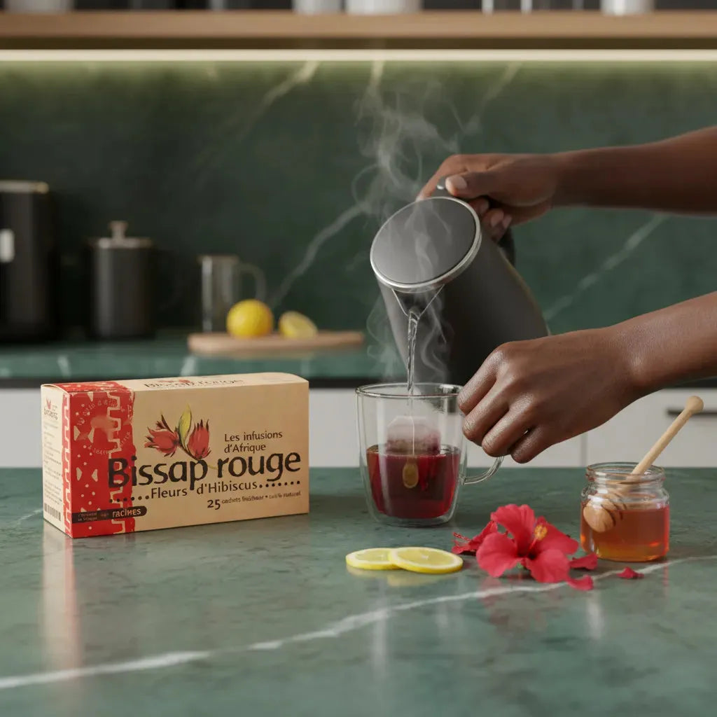 Préparation d'une infusion Bissap Hibiscus RACINES avec eau chaude, miel et citron, illustrant une boisson traditionnelle africaine réconfortante.