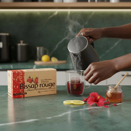 Préparation d'une infusion Bissap Hibiscus RACINES avec eau chaude, miel et citron, illustrant une boisson traditionnelle africaine réconfortante.